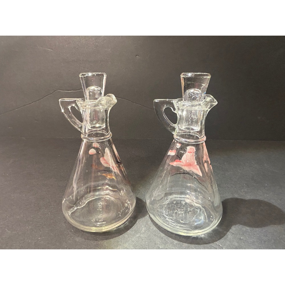 Mid Century Modern 1950s Hazel Atlas Clear Glass Cruet Set – Pink Floral & Gold - Picture 2 of 6